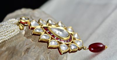 Certified Flat Big Natural Diamond 10ct Spinel Pearl 22k Gold Jadau Necklace