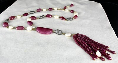 Certified Natural Ruby 555ct Pearl Natural Diamond Bead Necklace 18k Gold Set
