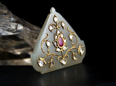 Antique Persian Nephrite Jade 121ct Natural Diamond Ruby 22k Gold Pendant