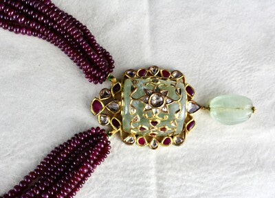 Certified Natural Emerald 10ct Ruby Beads 18k Gold Diamond Jadau Necklace