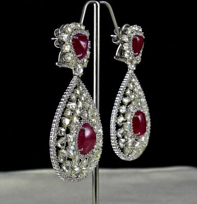 Certified Burma Ruby 200ct Natural Rose Cut Diamond 18k Gold Cocktail Earrings