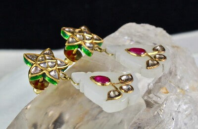 Certified Antique Nephrite Jade Ruby 53.5ct Natural Diamond 18k Gold Earrings