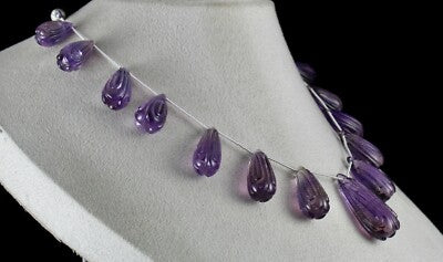 Certified Vintage Amethyst Carved Drops Beads 454ct Gemstone Necklace 15 Pcs