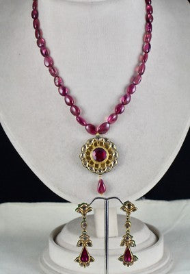 Antique 22k Gold Natural Diamond Pink Tourmaline Jadau Set 257ct Earrings