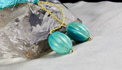 Certified Natural Turquoise Carved Melon Beads Pair 94.60 Ct Gemstone Earrings