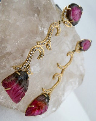 Certified Natural Multi Tourmaline 10ct Diamond 18k Yellow Gold Dangle Earrings