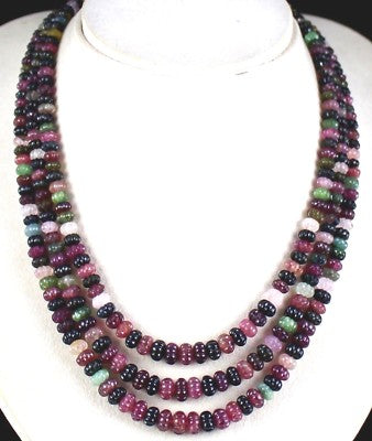 Certified Natural Multi Tourmaline 442ct Beads Melon Carved 3 Line Necklace