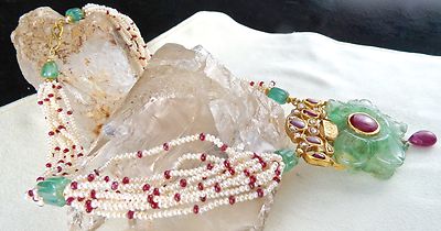 Certified Natural Colombian Emerald 10ct Ruby Diamond 18k Gold Pearl Pendant