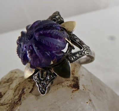 Antique Amethyst Natural Diamond 55ct 18k Gold Sterling Silver Victorian Ring
