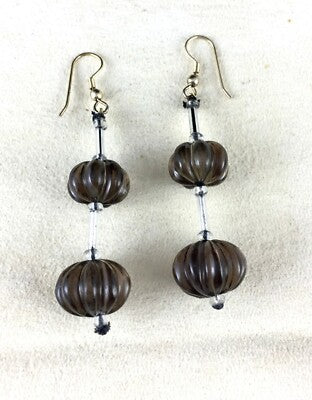 Natural Smoky Quartz Beads 62 Ct Melon Carved 4 Pcs Gemstone Earring Pair