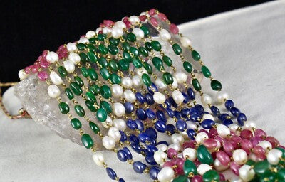 Certified Natural Ruby 976ct Blue Sapphire Emerald Pearl 18k Gold Necklace