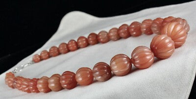 Natural Orange Aventurine 1297 Ct Carved Beaded Necklace Sterling Silver Clasp