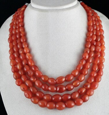 Long 4 Line Red Natural Carnelian Beads 1235 Carats Fashion Necklace