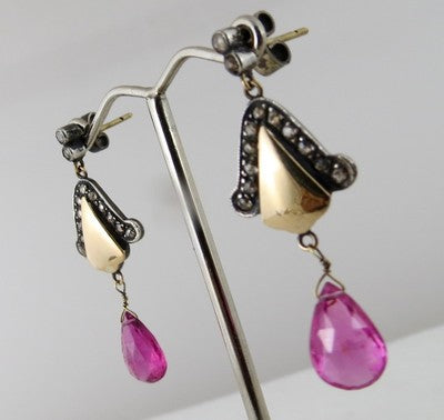 Victorian Dangle Earrings Natural Pink Tourmaline 10ct Sterling Silver 18k Gold