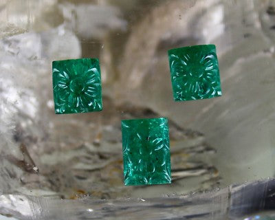 Certified Vintage Natural Emerald 12.97 Ct Carved Loose Gemstone Set