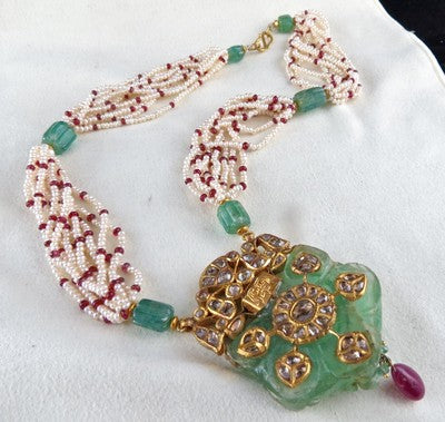 Certified Natural Colombian Emerald 10ct Ruby Diamond 18k Gold Pearl Pendant