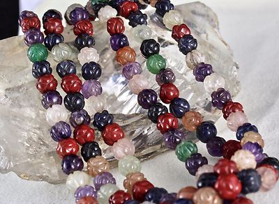 3 Line Multi Semi-precious Carved Beads Gemstone Ladies Necklace 463ct