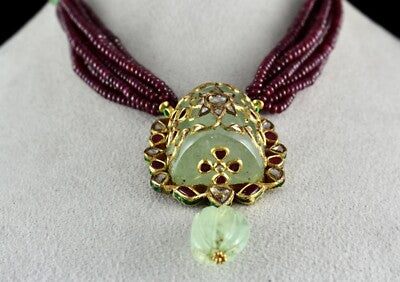 Certified Natural Emerald 10ct Ruby Beads 18k Gold Diamond Jadau Necklace