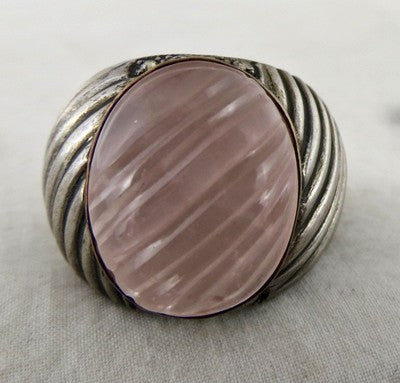 18k Gold Natural Diamond Rose Quartz 83ct Carved Sterling Silver Victorian Ring