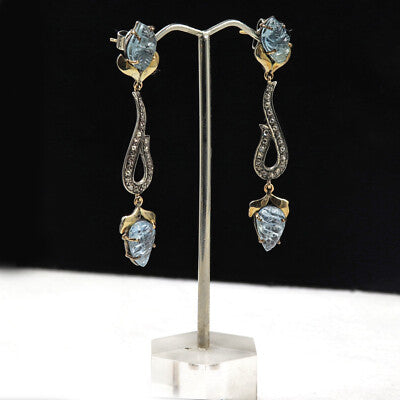Natural Blue Aquamarine 10.00ct Carved Natural Diamond 18k Gold Silver Earrings