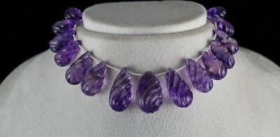 Certified Natural Amethyst Teardrop Carved 15pc Necklace 306ct Hanging Design
