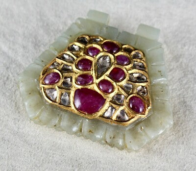 Antique Natural Nephrite Jade 140ct Diamond Rubies 22k Gold Two Side Pendant