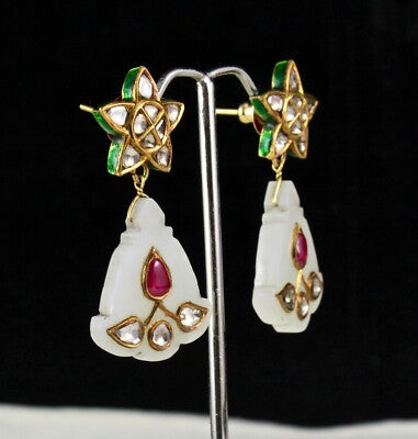 Certified Antique Nephrite Jade Ruby 53.5ct Natural Diamond 18k Gold Earrings