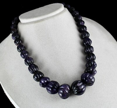 Natural Amethyst Carved Melon Bead 23mm 810ct Sterling Silver Gemstone Necklace