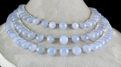 Certified Natural Blue Chalcedony 814ct Teardrop Beads Fine Necklace