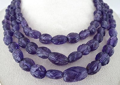 Certified Natural Amethyst 696ct Carved Bead Necklace, Antique Gemstone String