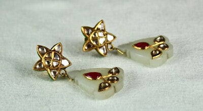 Certified Antique Nephrite Jade Ruby 53.5ct Natural Diamond 18k Gold Earrings