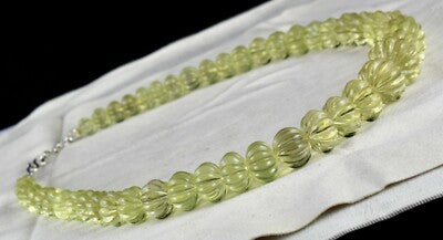 Certified Natural Lemon Quartz Carved Melon Round Beads Necklace 856 Ct Yellow