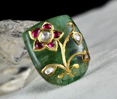 Certified Natural Emerald Cabochon 59ct Natural Diamond Ruby 22k Gold Gemstone