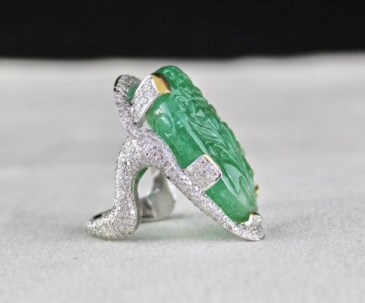 Certified Estate Zambian Emerald 10ct Carved Natural Diamond 18k Gold Ring