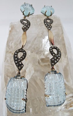 Certified 18k Gold Sterling Silver Natural Diamond Blue Aquamarine 92ct Earrings