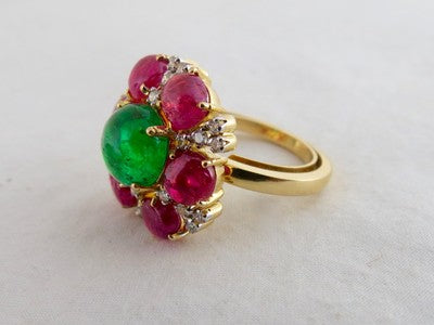 Certified Natural Emerald Burma Ruby Cabochon Diamond Gold Party Ring
