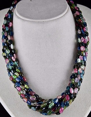 Certified Natural Multi Tourmaline Cabochon Beads Silver Necklace 985 Ct