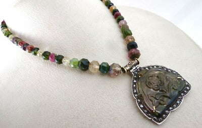 Multi Colour Tourmaline 10ct Natural Diamond Victorian Pendant Sterling Silver