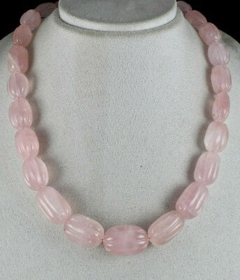 Natural Rose Quartz 883ct Melon Carved Beads Sterling Silver Necklace