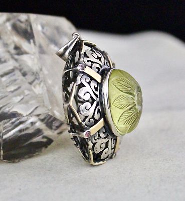 Natural Lemon Quartz 50ct Garnet Cut 18k Gold 925 Sterling Silver Carved Pendant