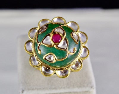 Certified Natural Emerald Ruby Cabochon Natural Diamond 22k Gold Jadau Ring