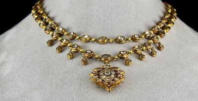 Certified Natural Diamond 22k Yellow Gold Jadau Antique Necklace Set 10ct