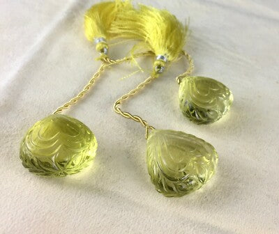 Natural Green Gold Lemon Quartz Carved Drops 153 Cts Earring Pendant Stone
