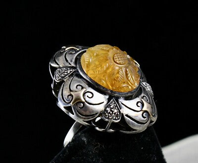Antique Yellow Citrine 10ct Natural Diamond 18k Gold 925 Silver Victorian Ring