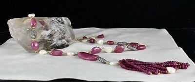 Certified Natural Ruby 555ct Pearl Natural Diamond Bead Necklace 18k Gold Set