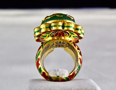 Certified Natural Emerald Ruby Cabochon Natural Diamond 22k Gold Jadau Ring