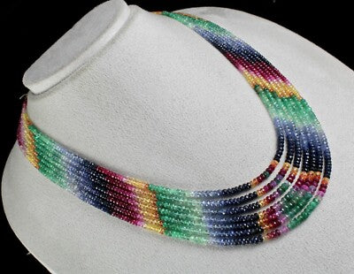 Certified Rainbow Emerald, Ruby, Sapphire 828ct 7-line Gemstone Necklace