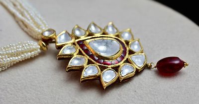 Certified Flat Big Natural Diamond 10ct Spinel Pearl 22k Gold Jadau Necklace