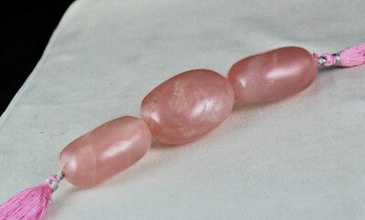 Pink Natural Rose Quartz Beads 543 Ct Gemstone Design Long Oval 3 Pcs