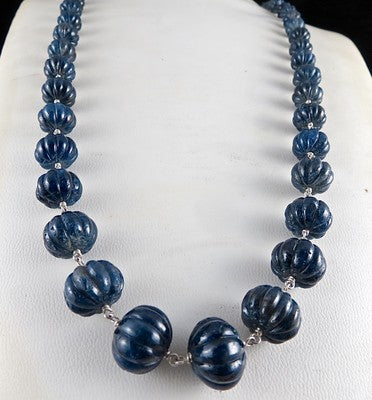 Certified Old Natural Blue Sapphire 552ct Carved Melon Sterling Silver Necklace